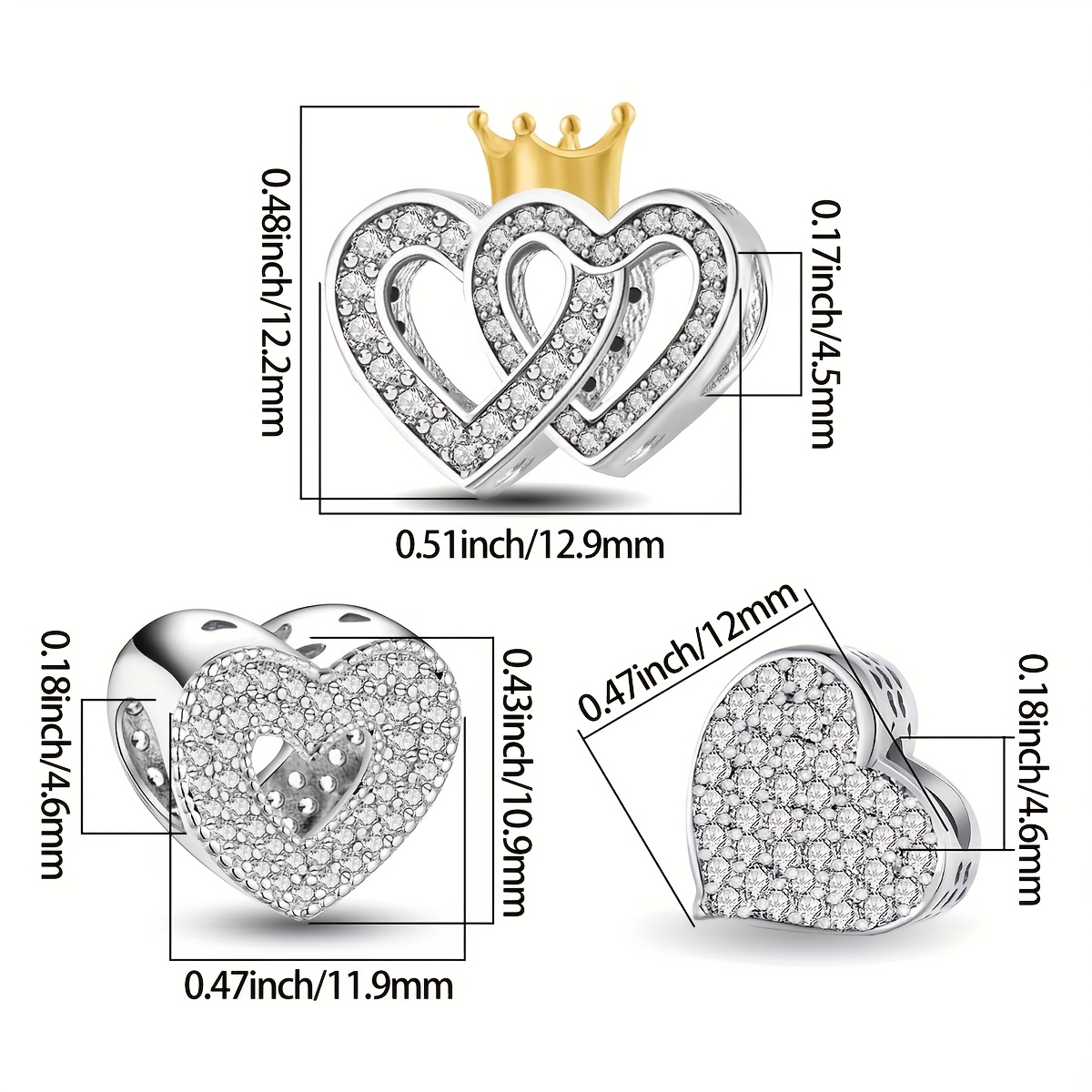 Women's 925 Silver Plated Crown Double Heart Bead for Jewelry Making